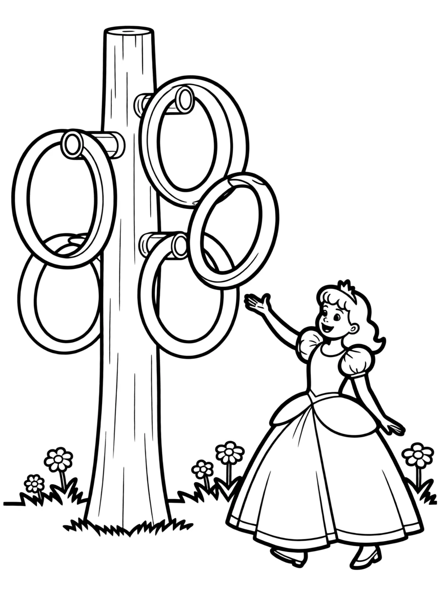 A princess playing a game of giant ring toss with enchanted rings.