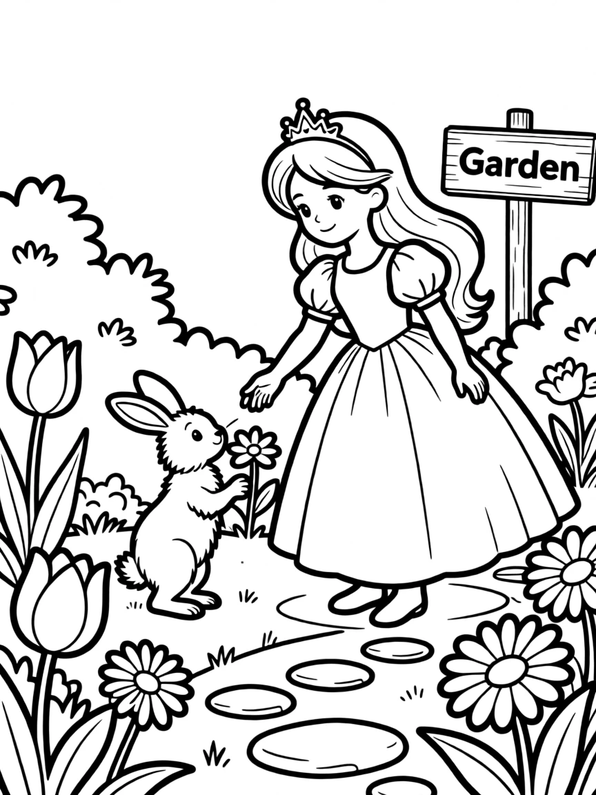 A princess with a pet curious rabbit, exploring a garden.