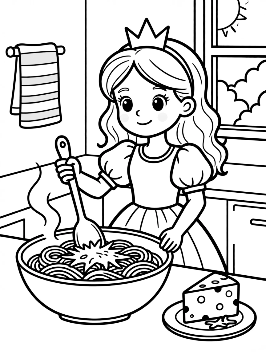 A princess making a delicious, warm bowl of pasta with cheese.