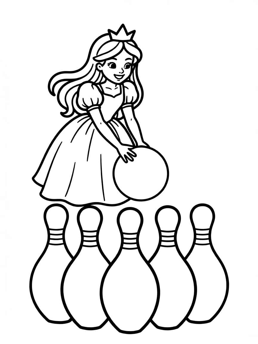 A princess playing a game of giant bowling, knocking down pins.