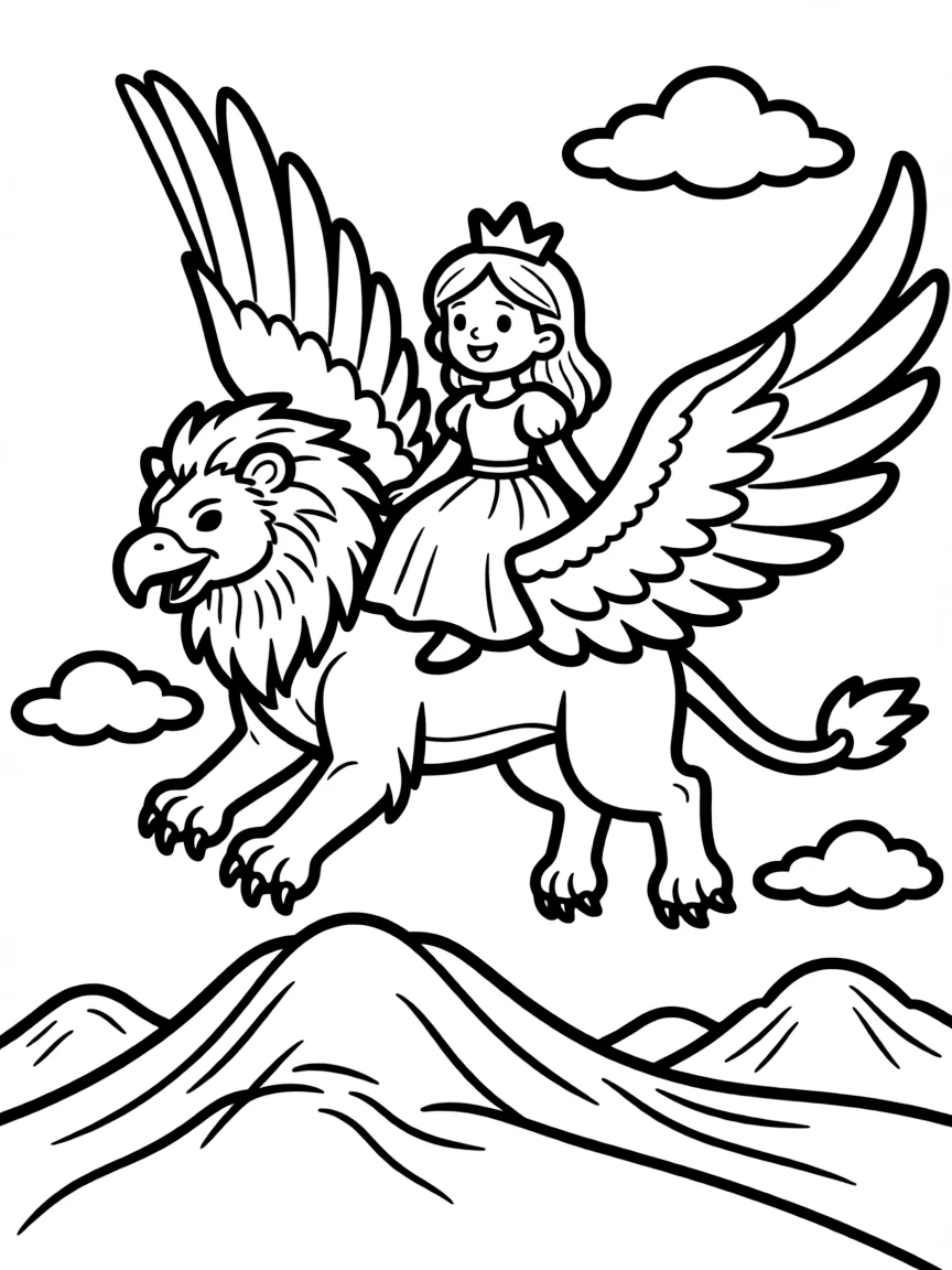 A princess on a friendly griffin, flying high above mountains.