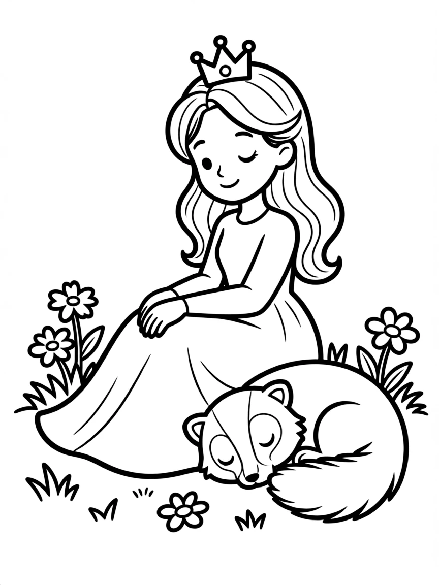 A princess with a pet sleepy badger, napping beside her.