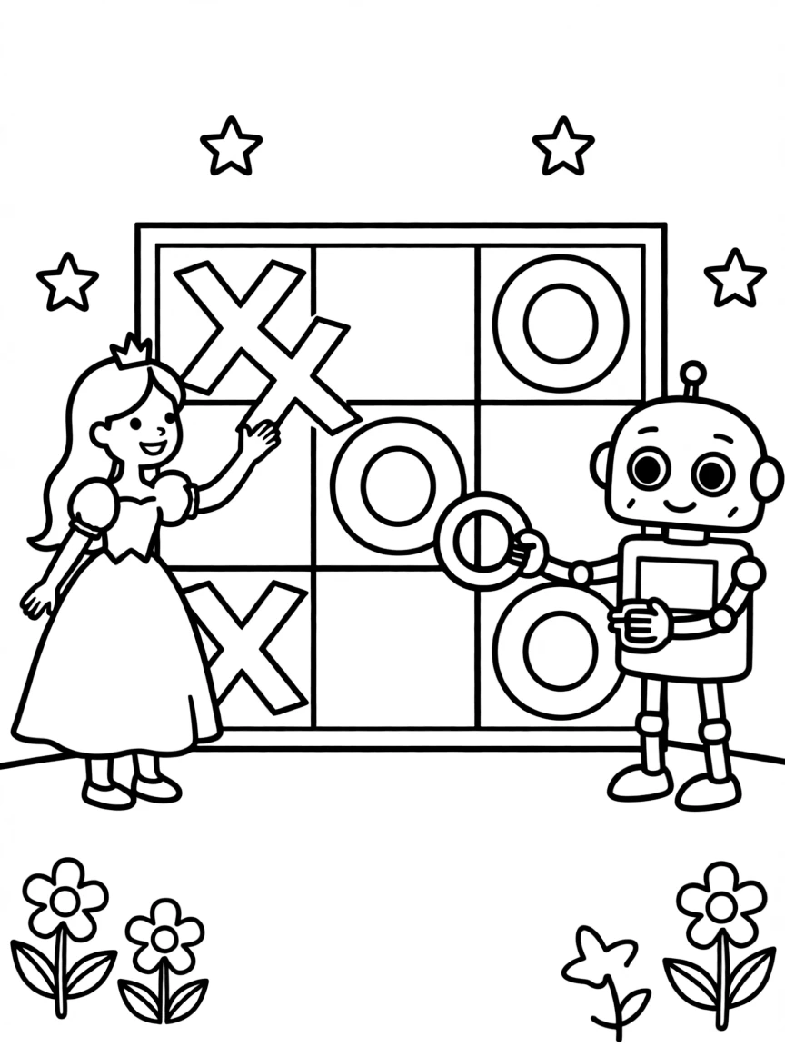 A princess playing a game of giant tic-tac-toe with a robot.