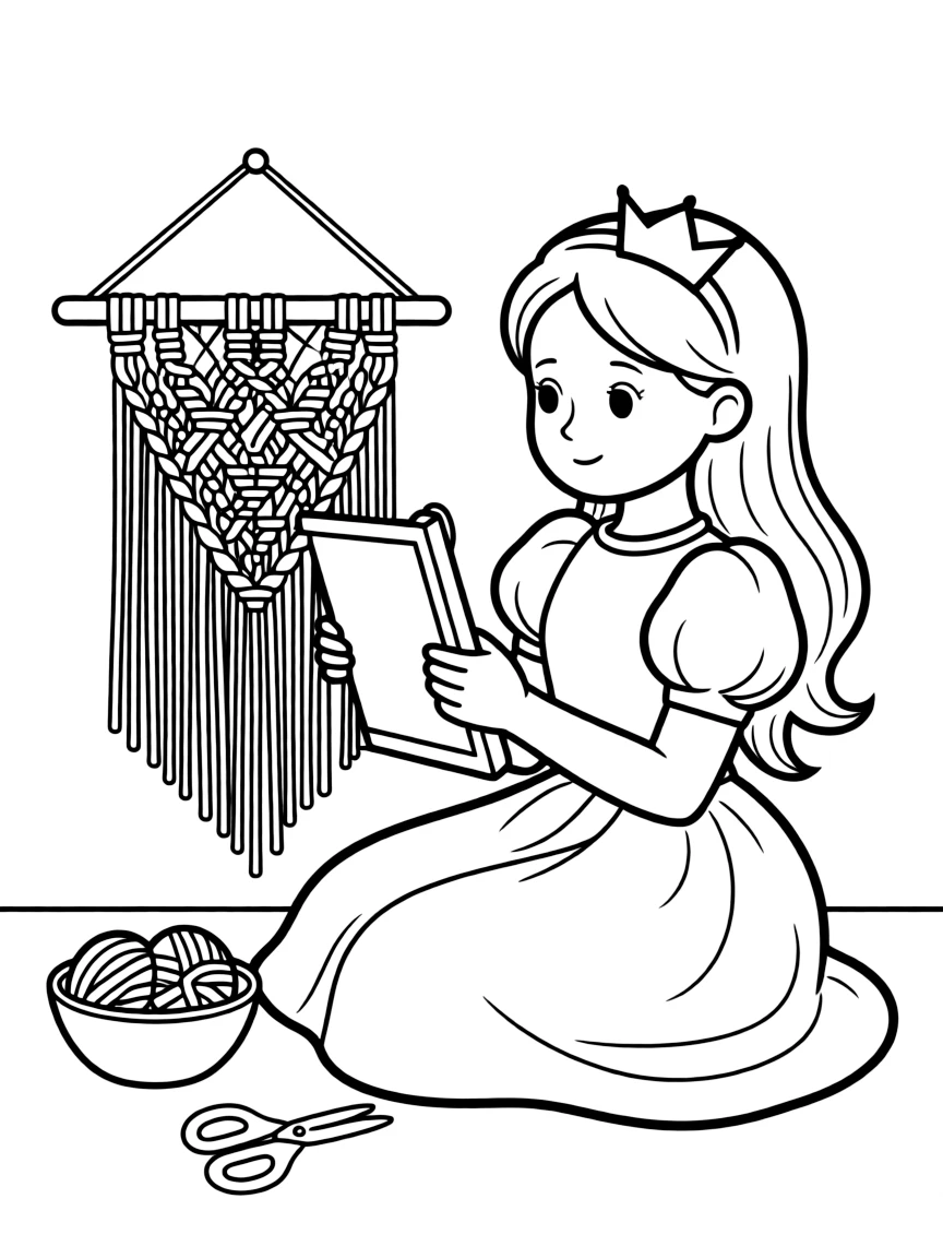 A princess making a beautiful, intricate macrame wall hanging.