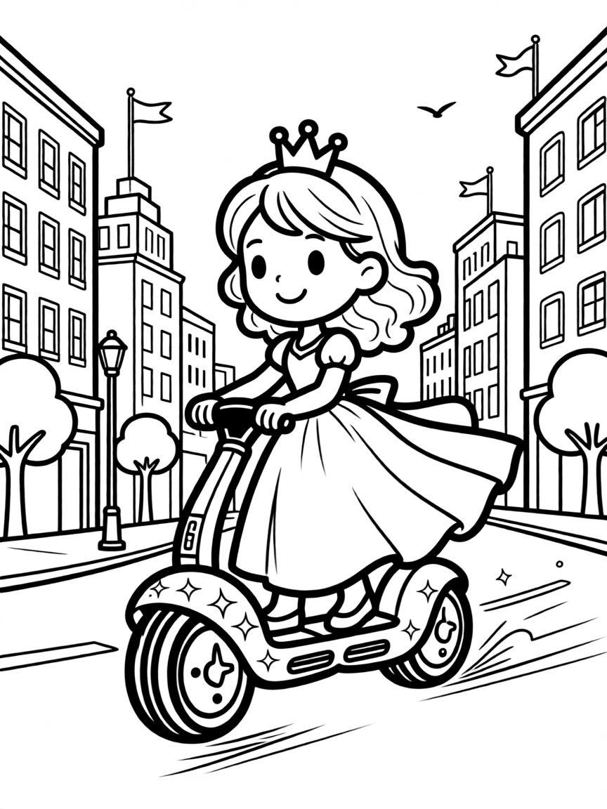 A princess on a magical segway, zipping through a city.
