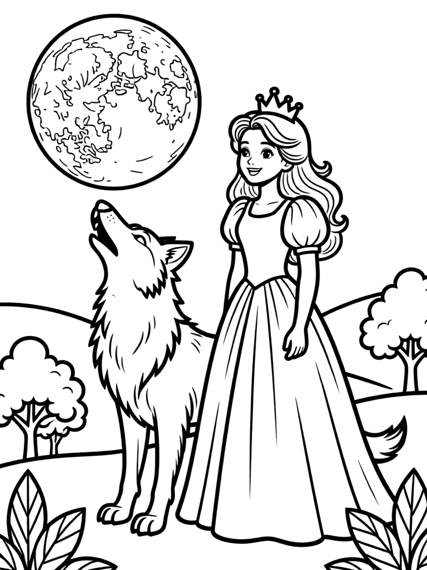 A princess with a pet loyal wolf, howling at the moon.