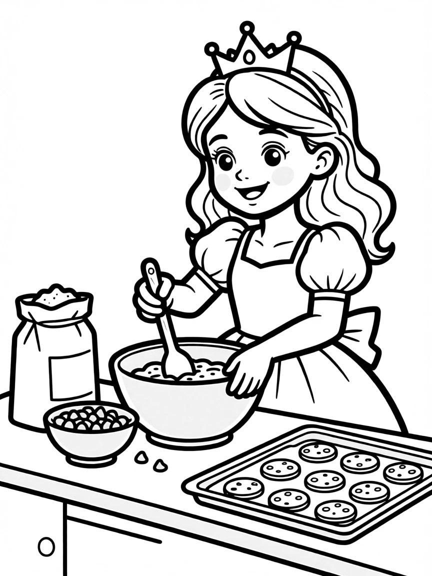 A princess making a delicious, warm batch of chocolate chip cookies.