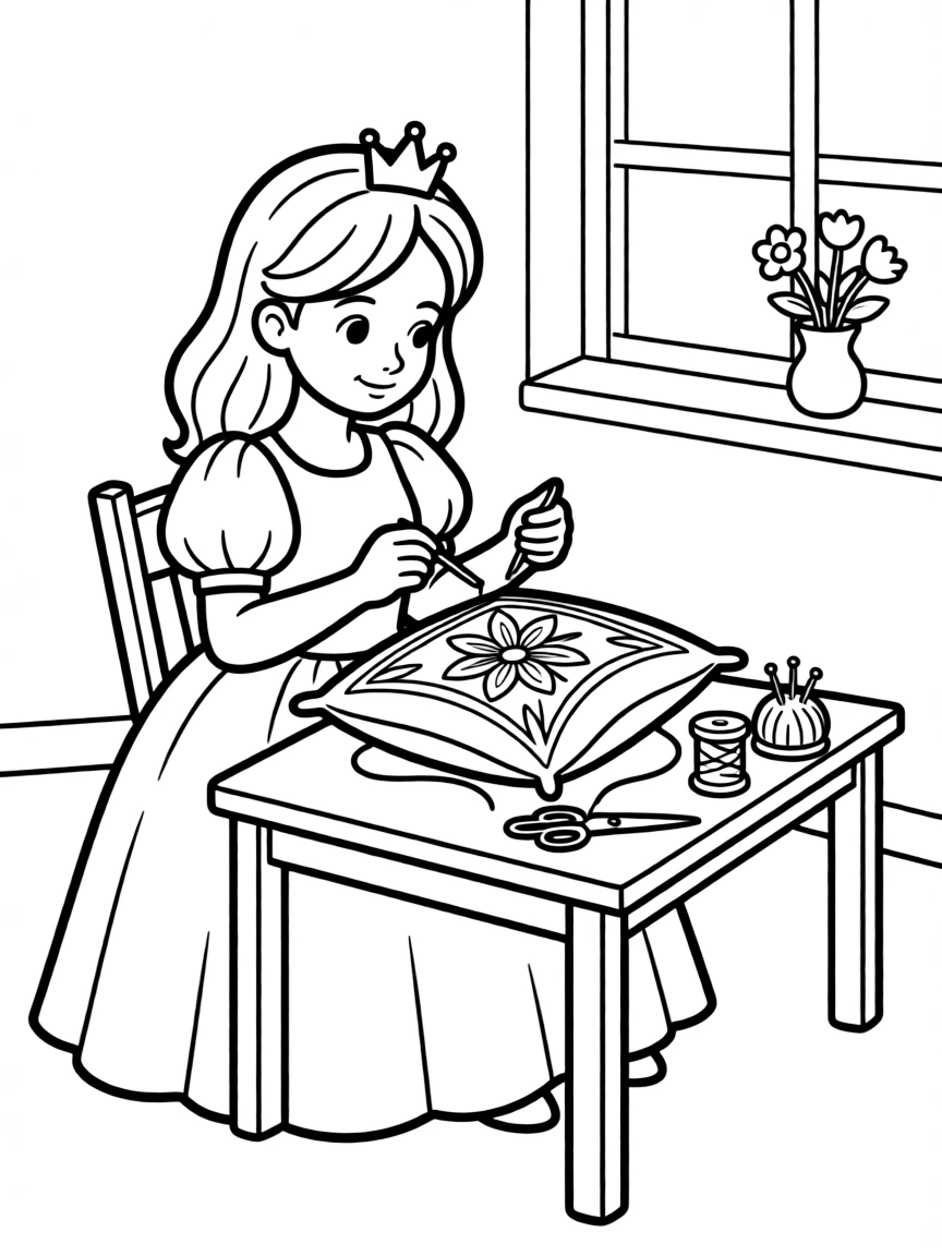 A princess making a beautiful, hand-stitched pillow.
