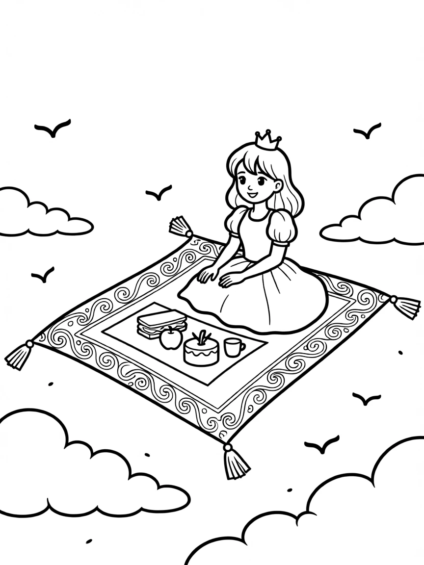 A princess on a magical flying carpet, having a picnic in the sky.
