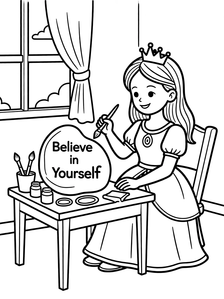 A princess making a beautiful, painted rock with an inspiring message.