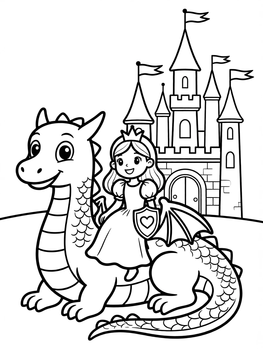 A princess on a friendly dragon, guarding her castle.
