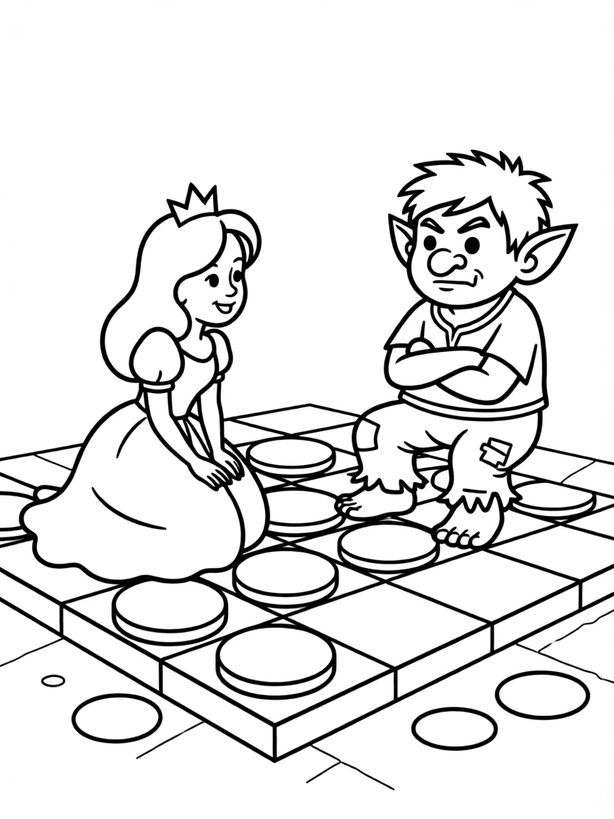 A princess playing a game of giant checkers with a grumpy troll.
