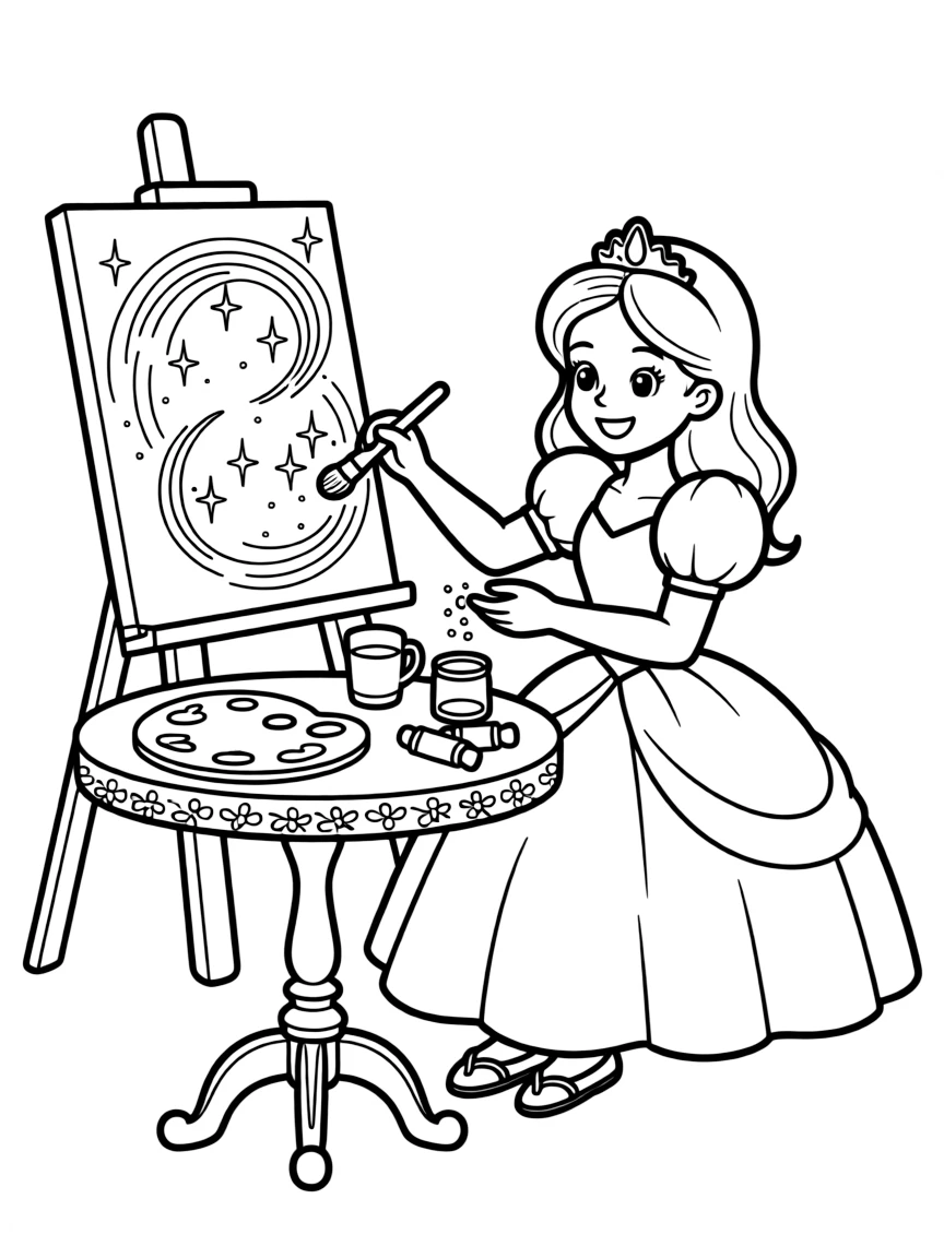 A princess making a beautiful, sparkly glitter painting.