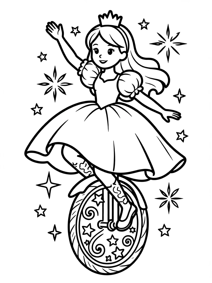 A princess on a magical unicycle, performing stunts.
