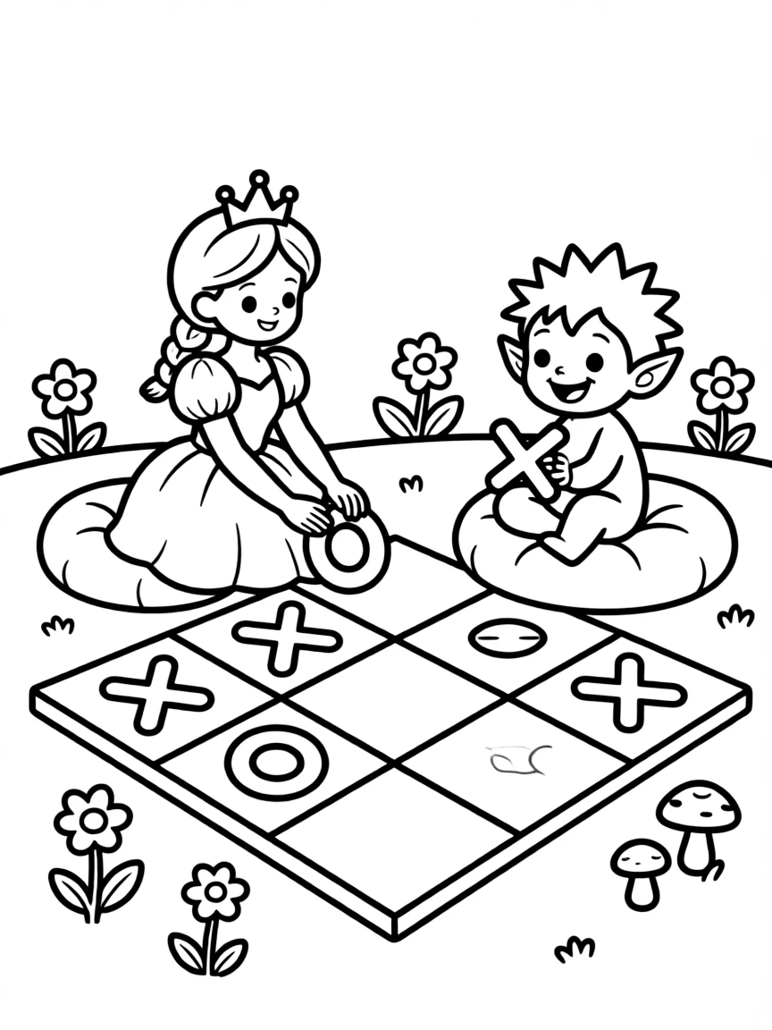 A princess playing a game of giant tic-tac-toe with a mischievous imp.