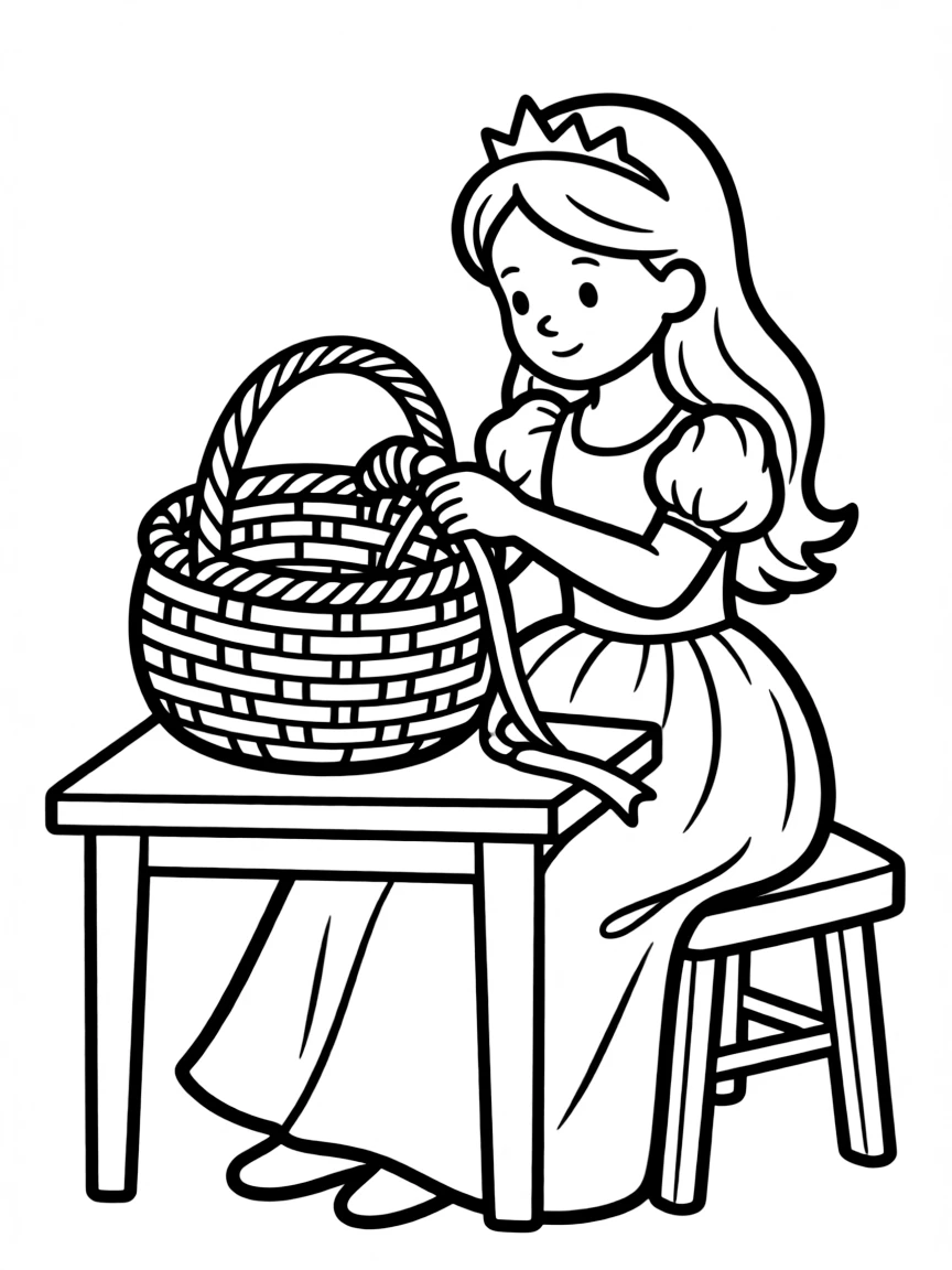 A princess making a beautiful, woven basket.
