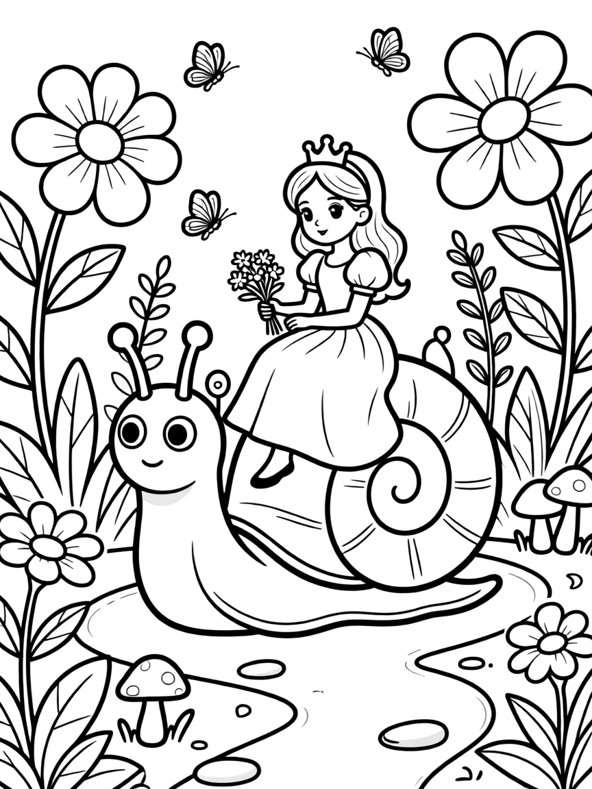 A princess on a friendly giant snail, slowly exploring a garden.