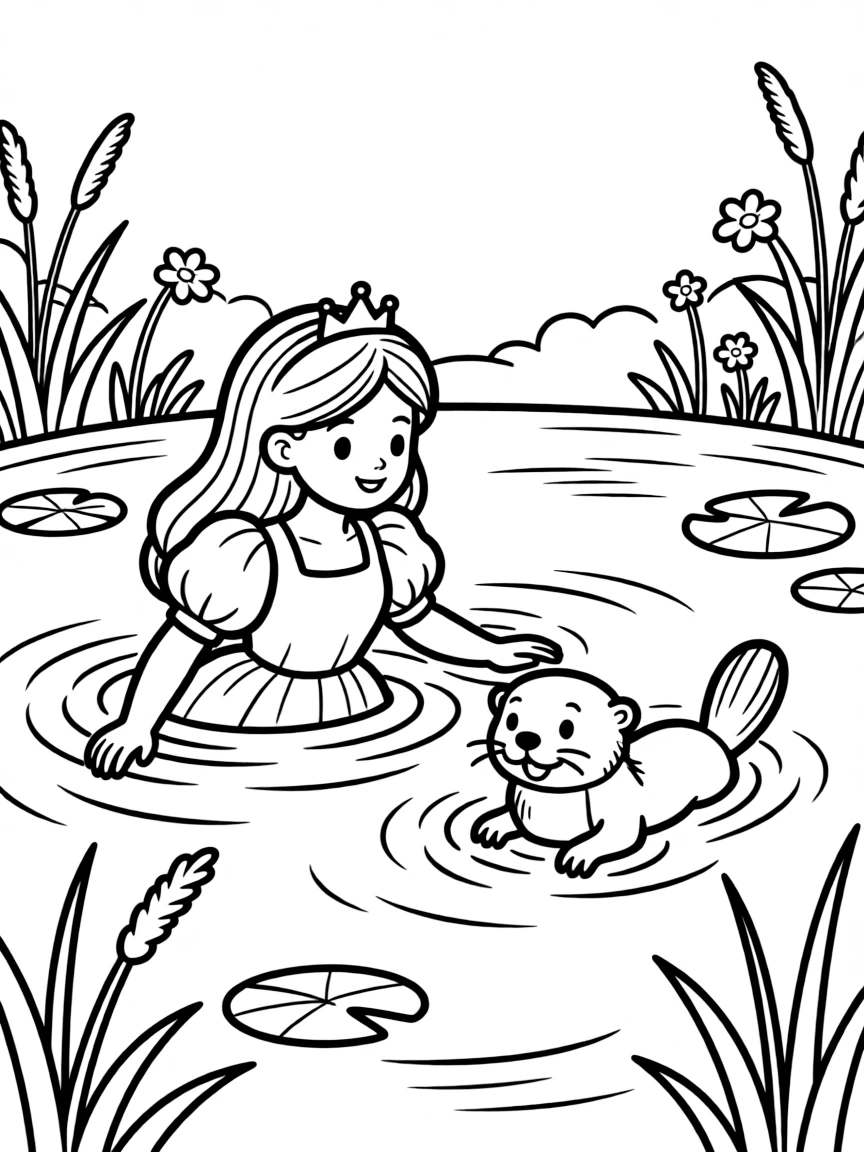 A princess with a pet curious otter, swimming in a pond.