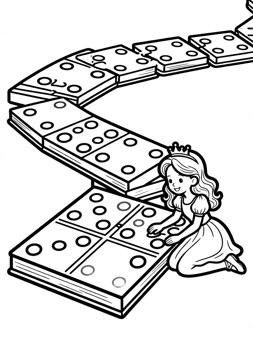 A princess playing a game of giant dominoes, creating a long chain.