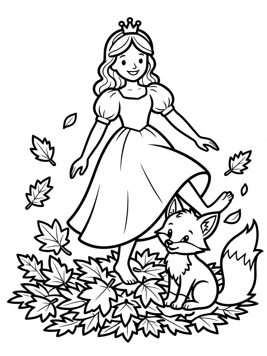 A princess with a pet baby fox, playing in the leaves.
