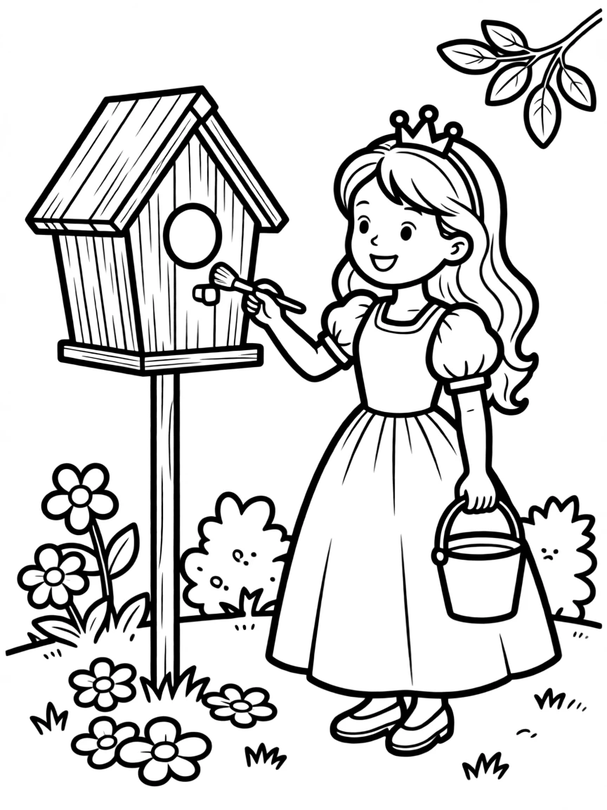 A princess making a beautiful, painted wooden birdhouse.