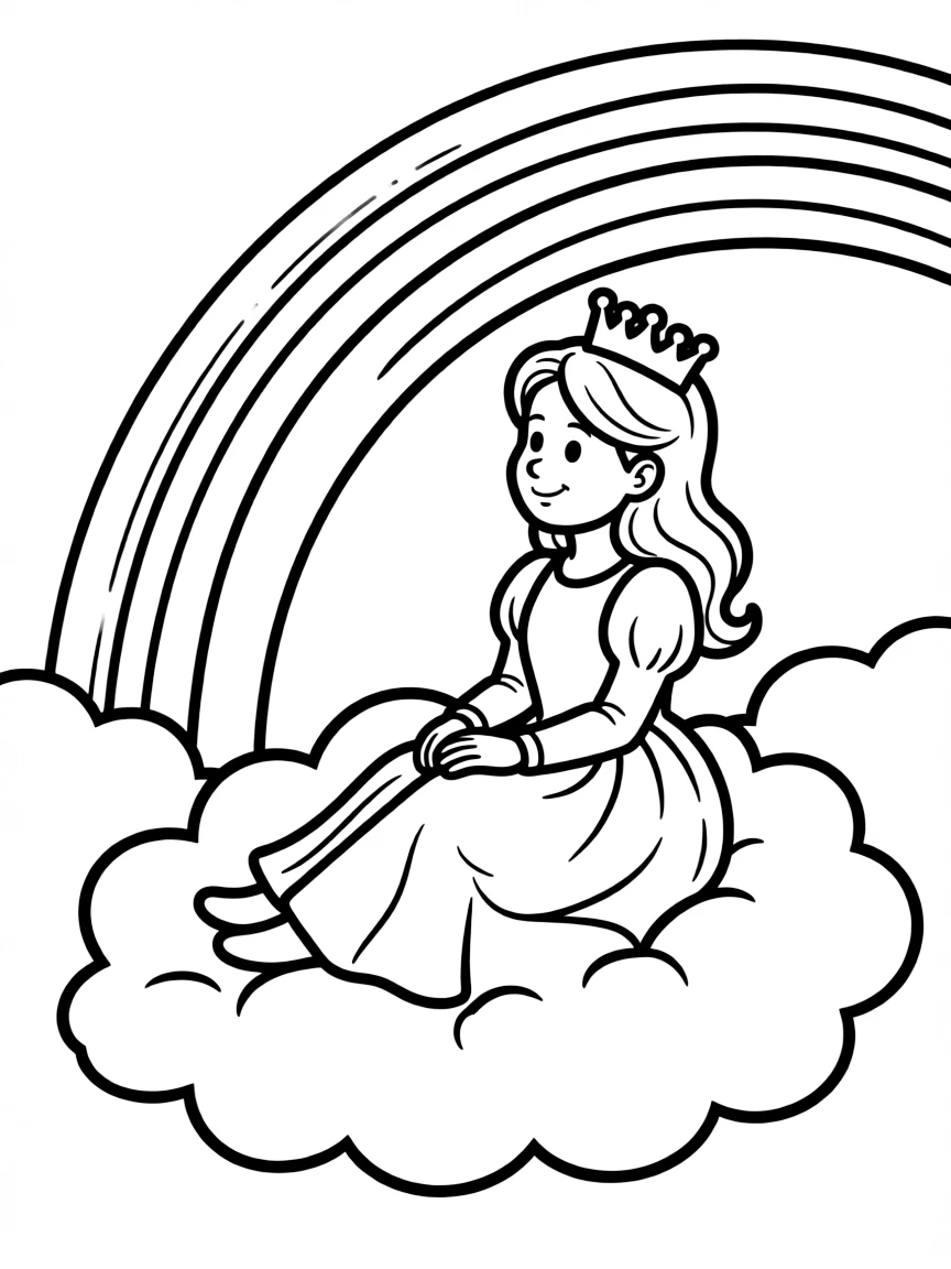 A princess on a friendly cloud, looking at a rainbow.