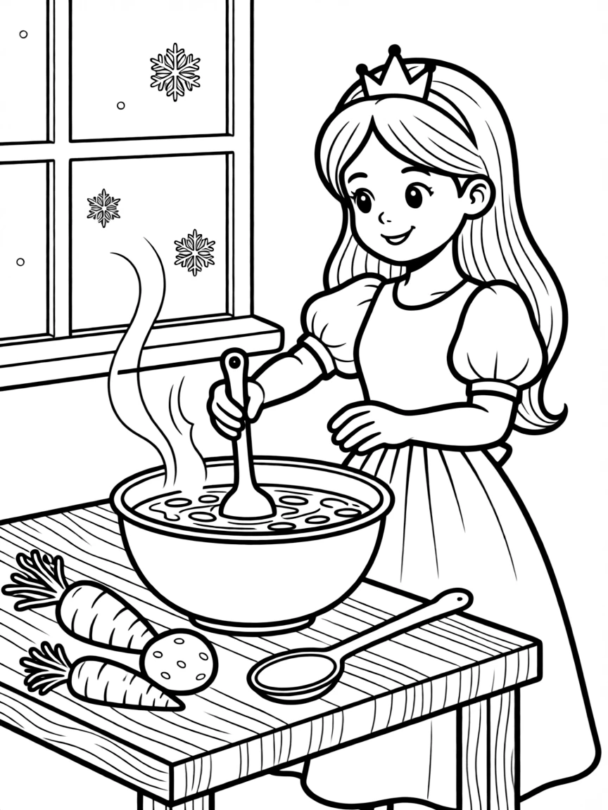 A princess making a delicious, warm bowl of soup on a cold day.