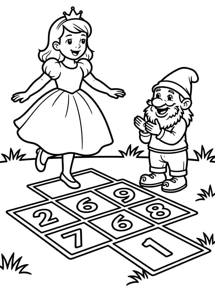 A princess playing a game of giant hopscotch with a giggling gnome.