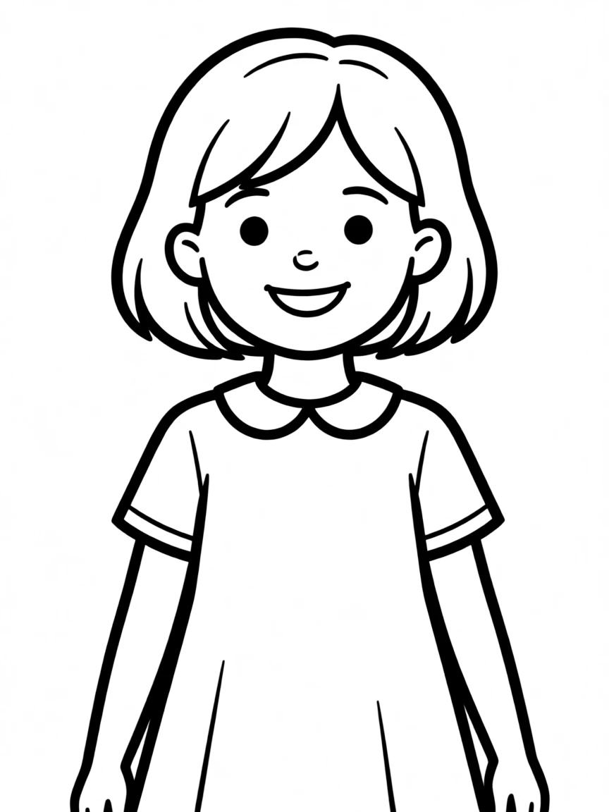 A simple coloring page of a girl with a short bob haircut, smiling.