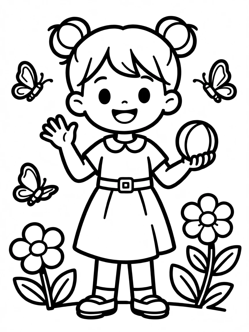 A girl with two small buns on top of her head (space buns).