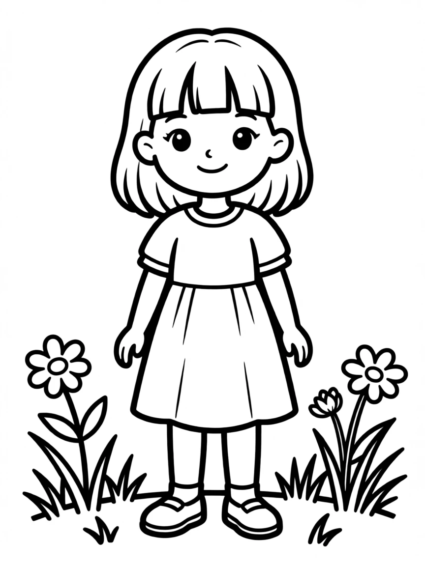 A girl with a simple fringe (bangs).