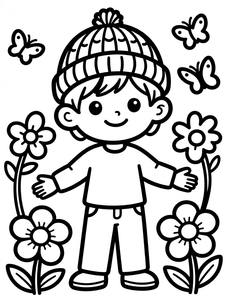 A child with hair in a simple knitted hat.