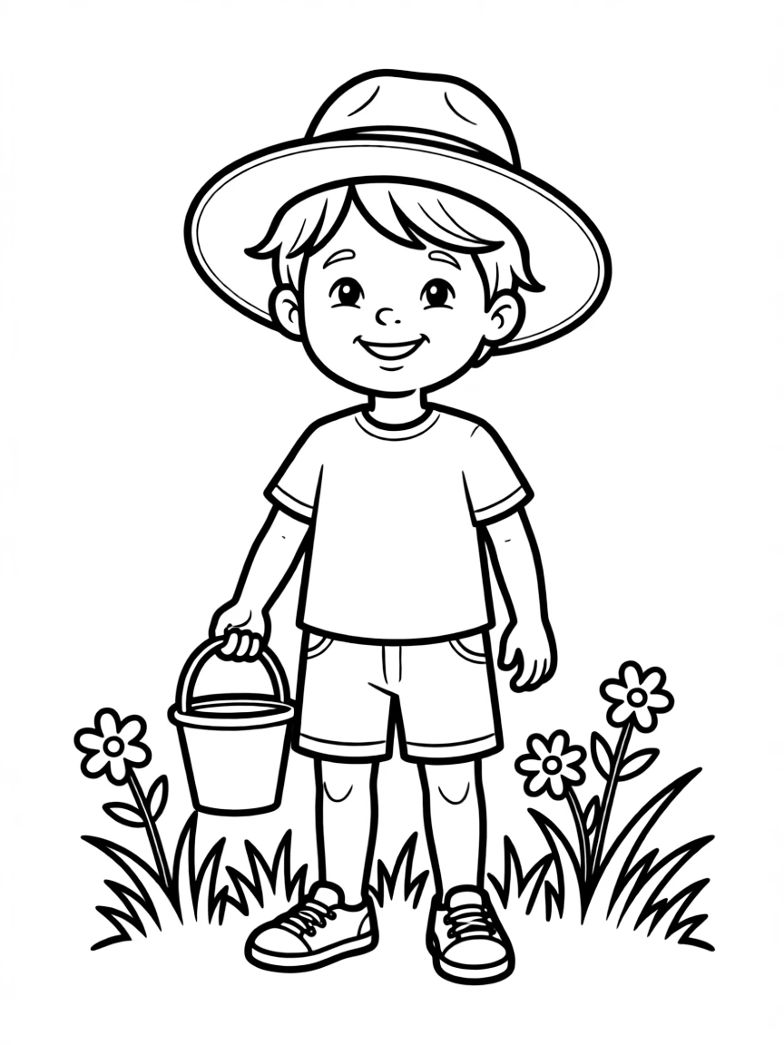 A child with hair in a simple sun hat.