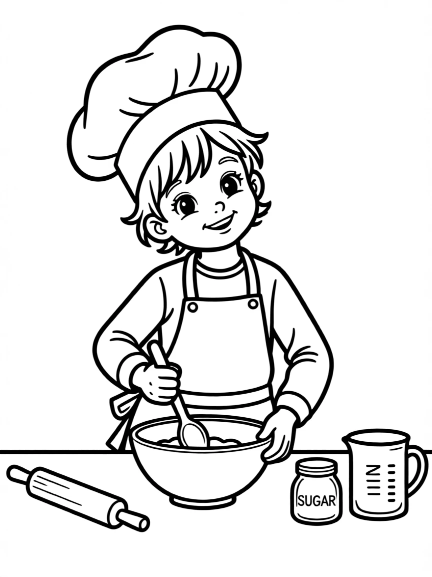 A child with hair in a simple chef's hat.