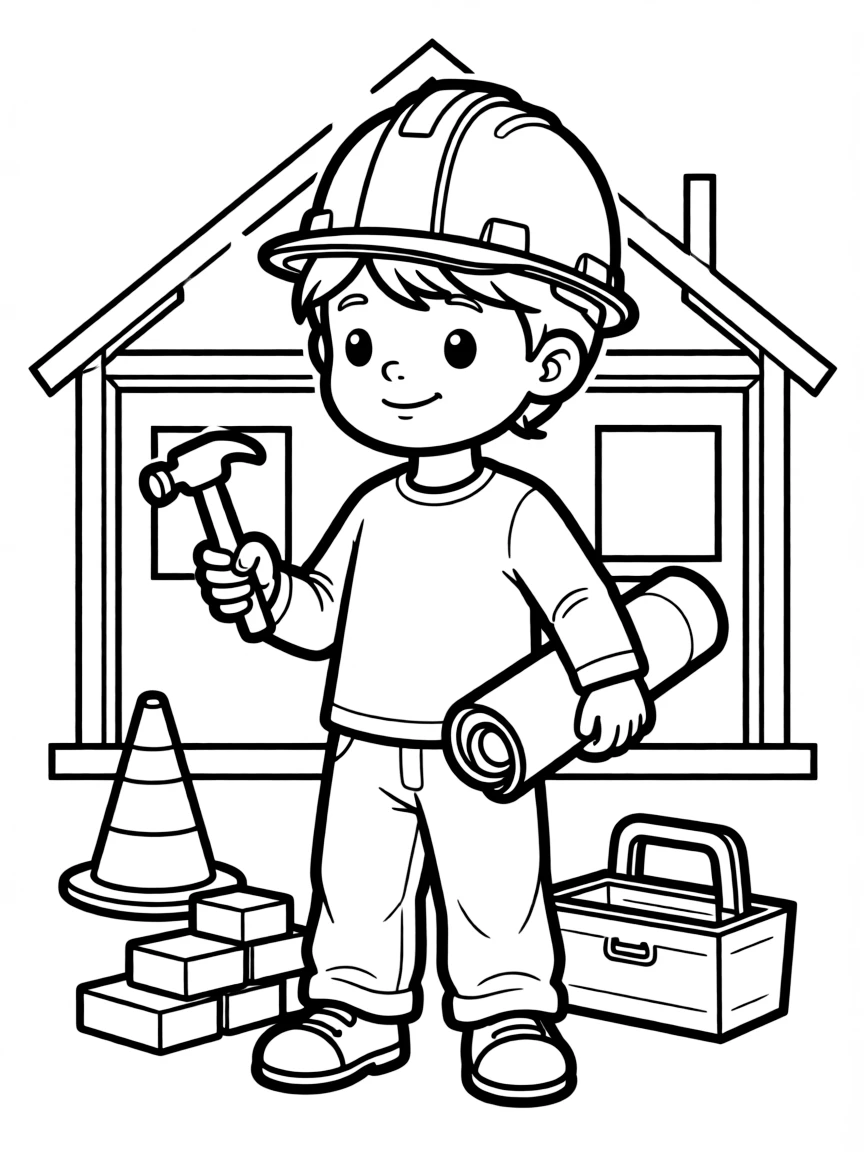 A child with hair in a simple construction hard hat.