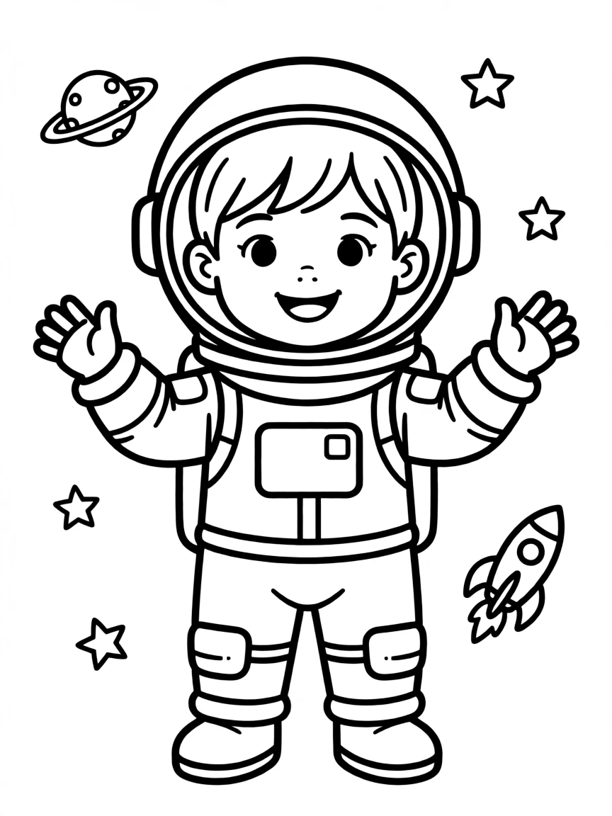 A child with hair in a simple astronaut helmet.