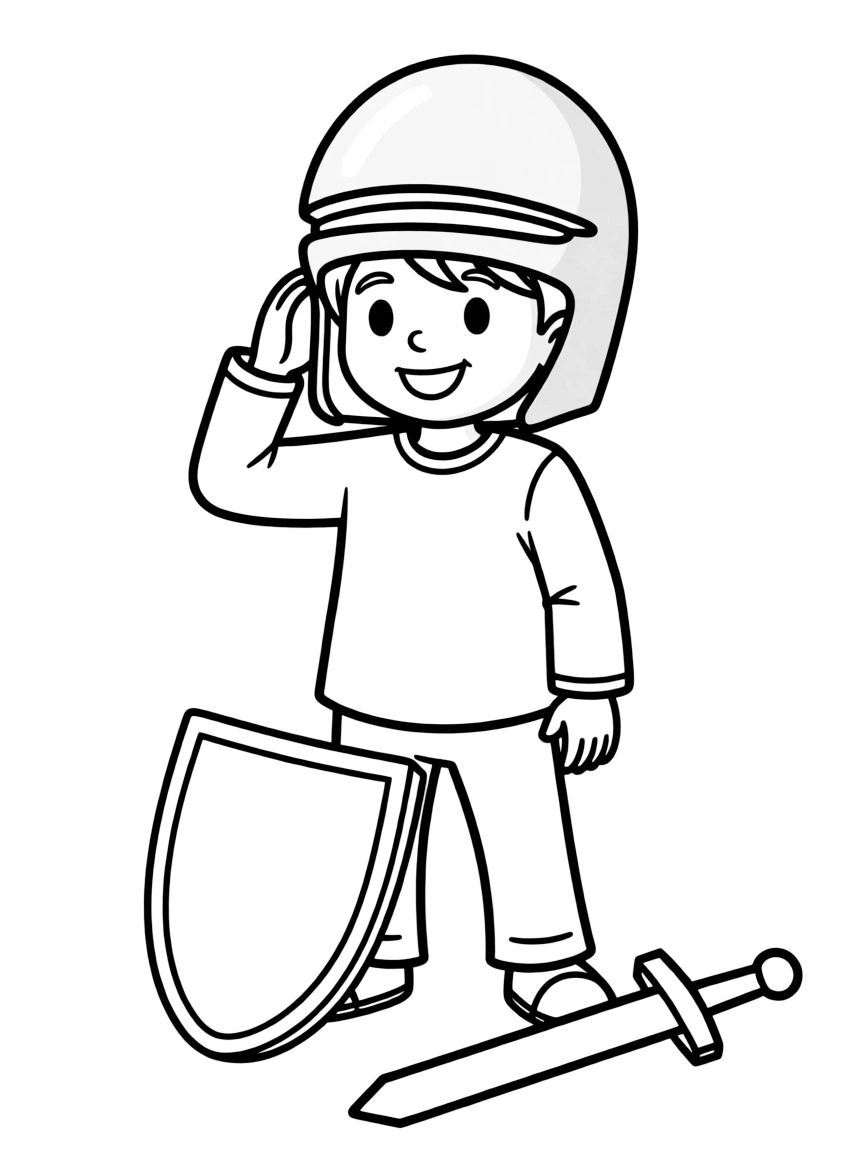 A child with hair in a simple knight's helmet.