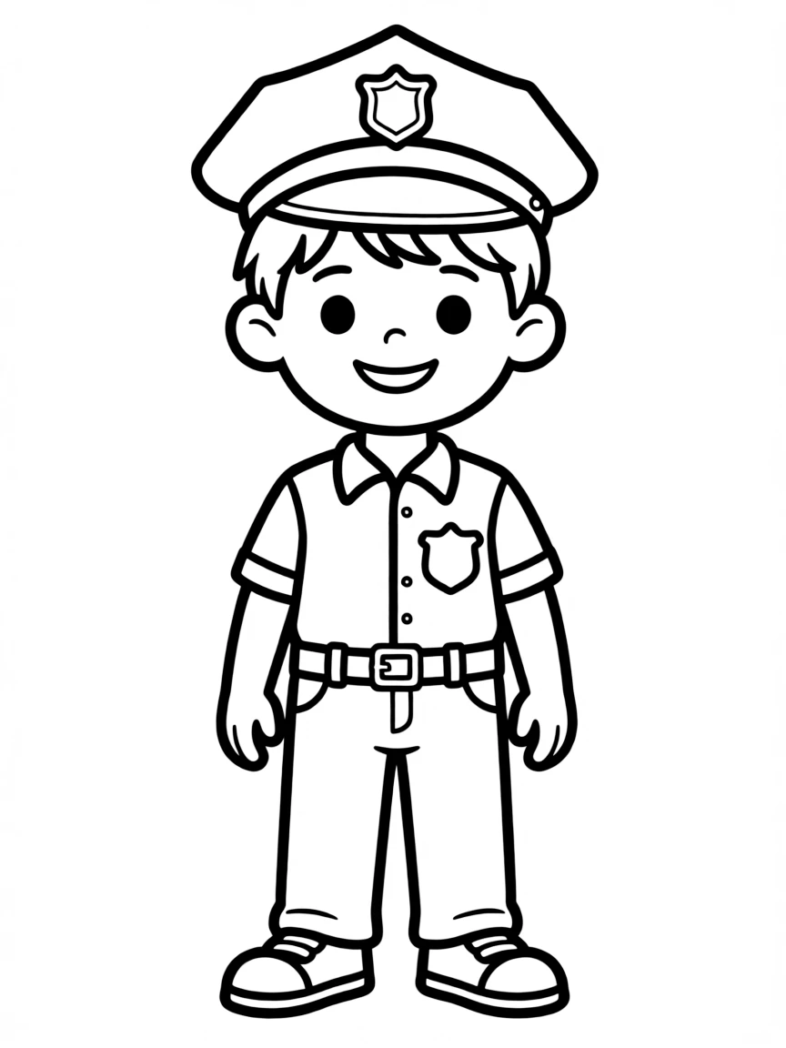A child with hair in a simple police hat.