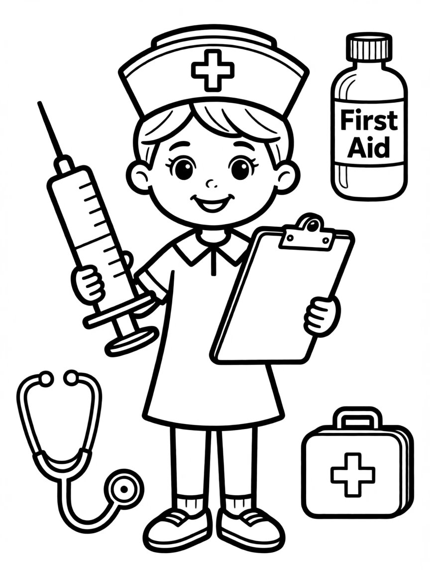 A child with hair in a simple nurse's cap.