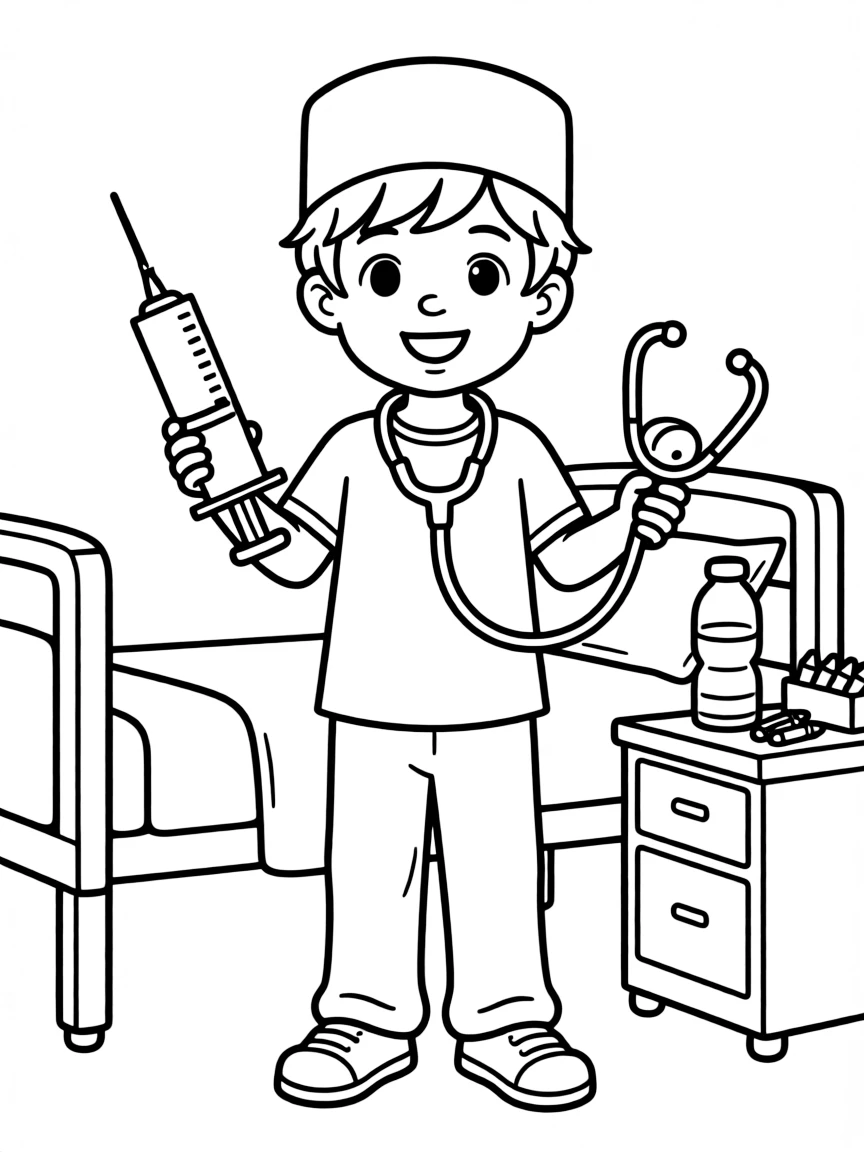 A child with hair in a simple doctor's scrub cap.