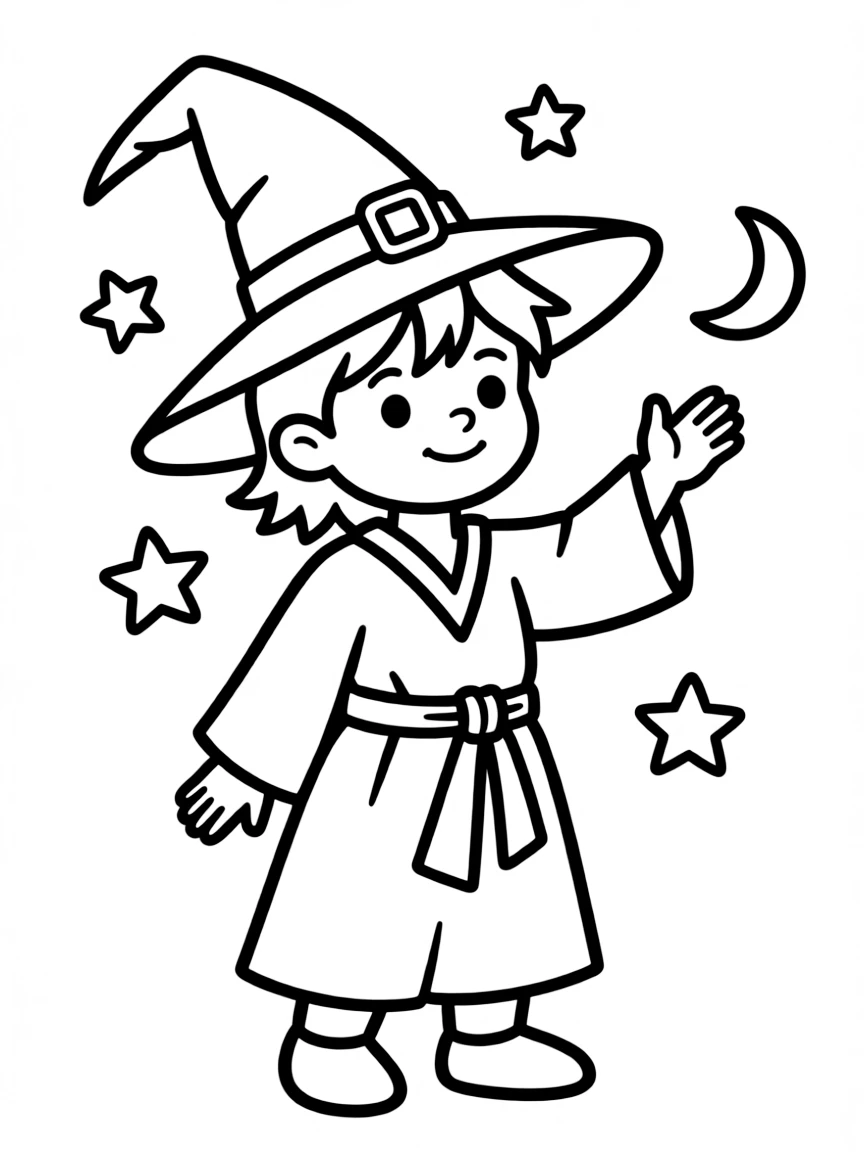 A child with hair in a simple witch's hat.