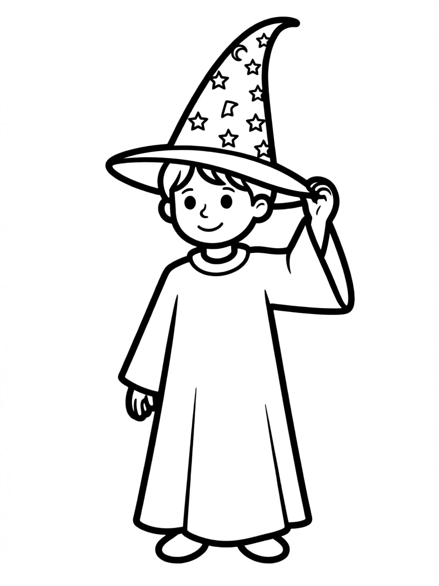 A child with hair in a simple wizard's hat.