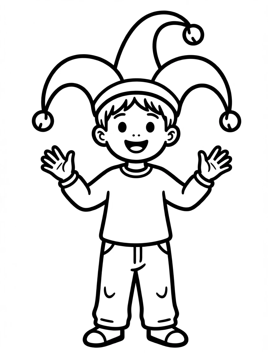 A child with hair in a simple jester hat.