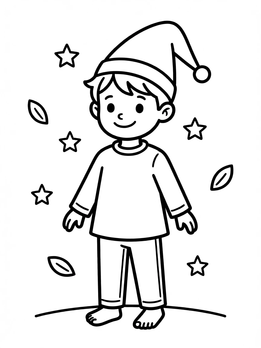 A child with hair in a simple elf hat.