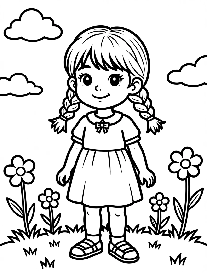 A girl with hair in a simple braided loop pigtails.