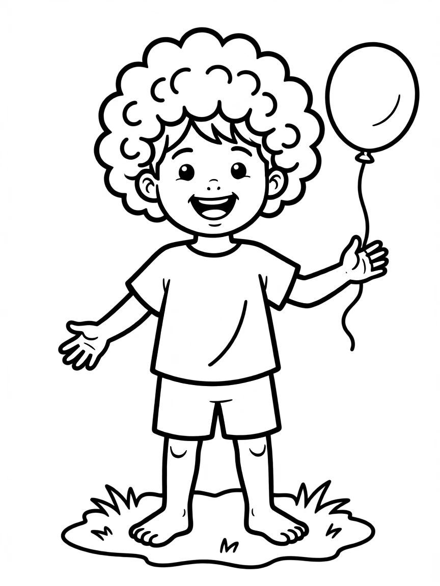 A child with hair in a simple blue clown wig.