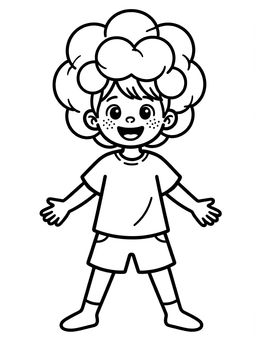 A child with hair in a simple green clown wig.