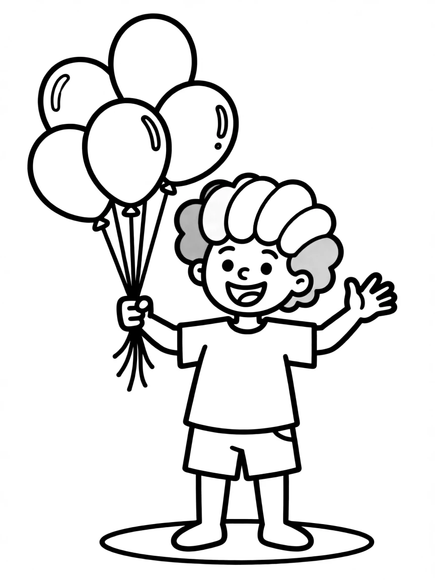 A child with hair in a simple rainbow clown wig.