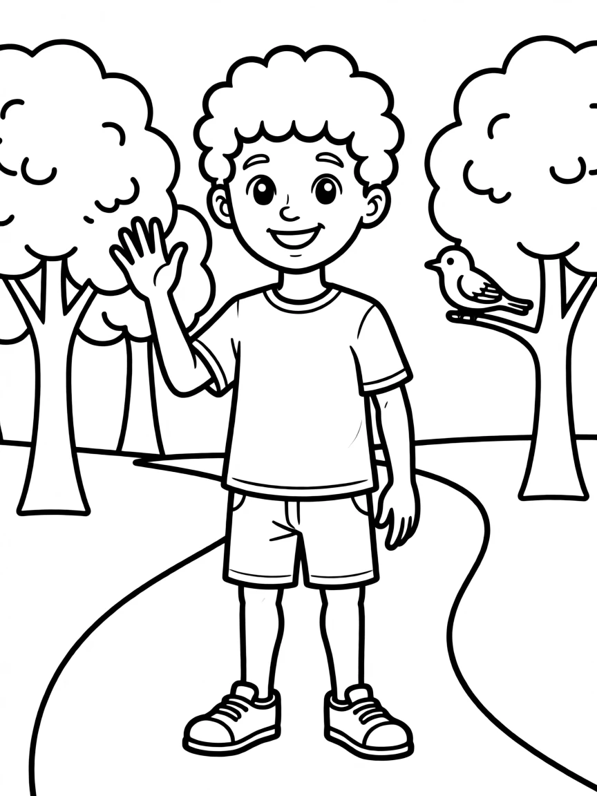 A boy with a short afro, with soft curls.