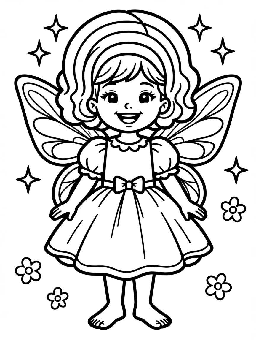 A child with hair in a simple rainbow fairy wig.